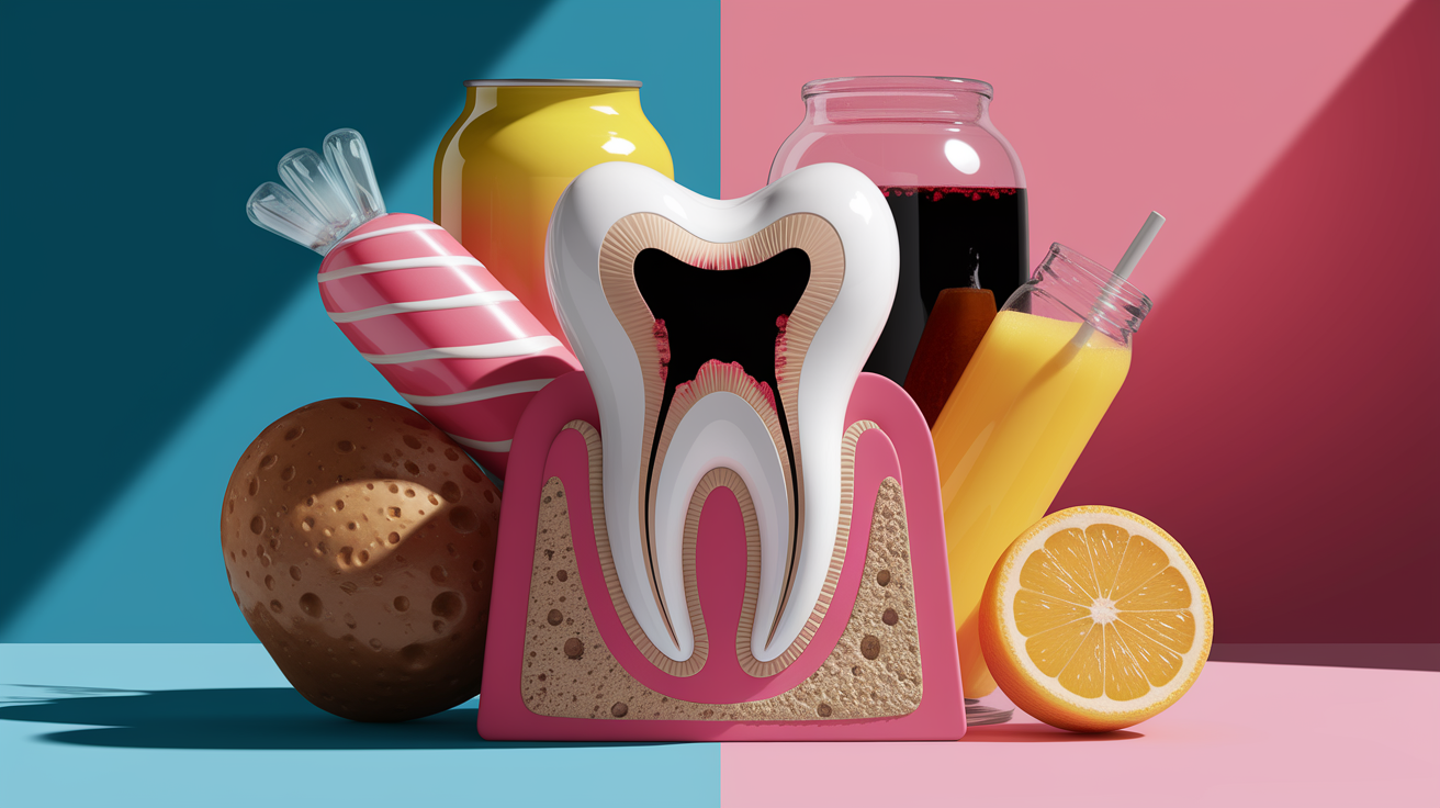 A conceptual illustration representing Common Triggers: When Cavities Get a Head Start. Visualize the main ideas: . Creative but clear representation of the concept. Style: photorealistic. high quality, detailed, professional, clean composition, good lighting, sharp focus, well-composed. high quality, professional, detailed, well-composed