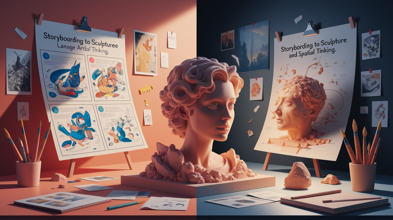 A conceptual illustration representing Storyboarding to Sculpture: Language Arts and Spatial Thinking. Visualize the main ideas: . Creative but clear representation of the concept. Style: photorealistic. high quality, detailed, professional, clean composition, good lighting, sharp focus, well-composed. high quality, professional, detailed, well-composed