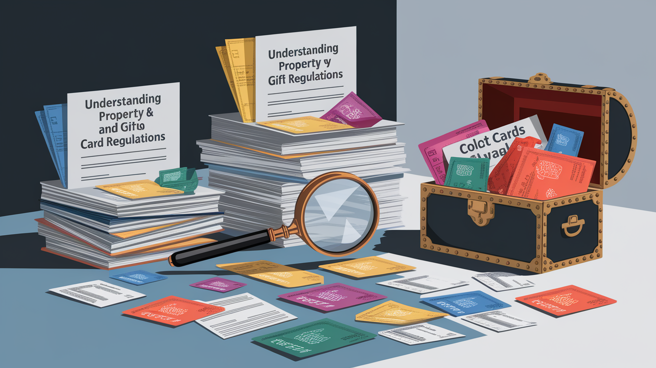 A conceptual illustration representing Understanding Unclaimed Property and Gift Card Regulations. Visualize the main ideas: . Creative but clear representation of the concept. Style: photorealistic. high quality, detailed, professional, clean composition, good lighting, sharp focus, well-composed. high quality, professional, detailed, well-composed