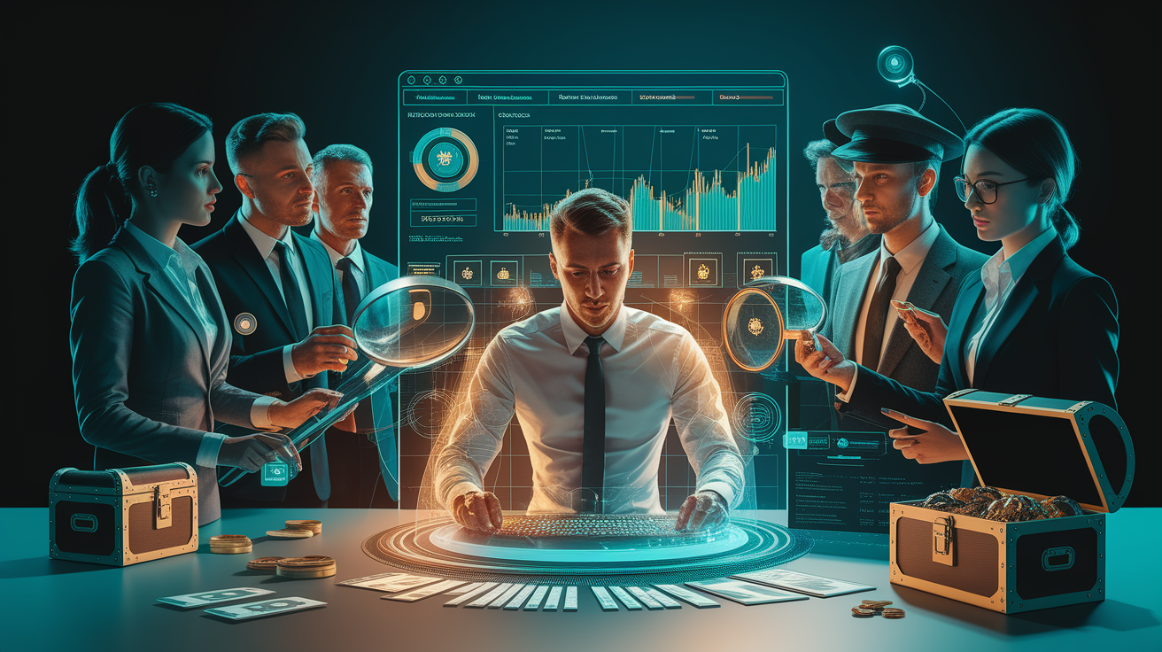 A conceptual illustration representing Identifying and Tracking Unclaimed Assets. Visualize the main ideas: . Creative but clear representation of the concept. Style: photorealistic. high quality, detailed, professional, clean composition, good lighting, sharp focus, well-composed. high quality, professional, detailed, well-composed