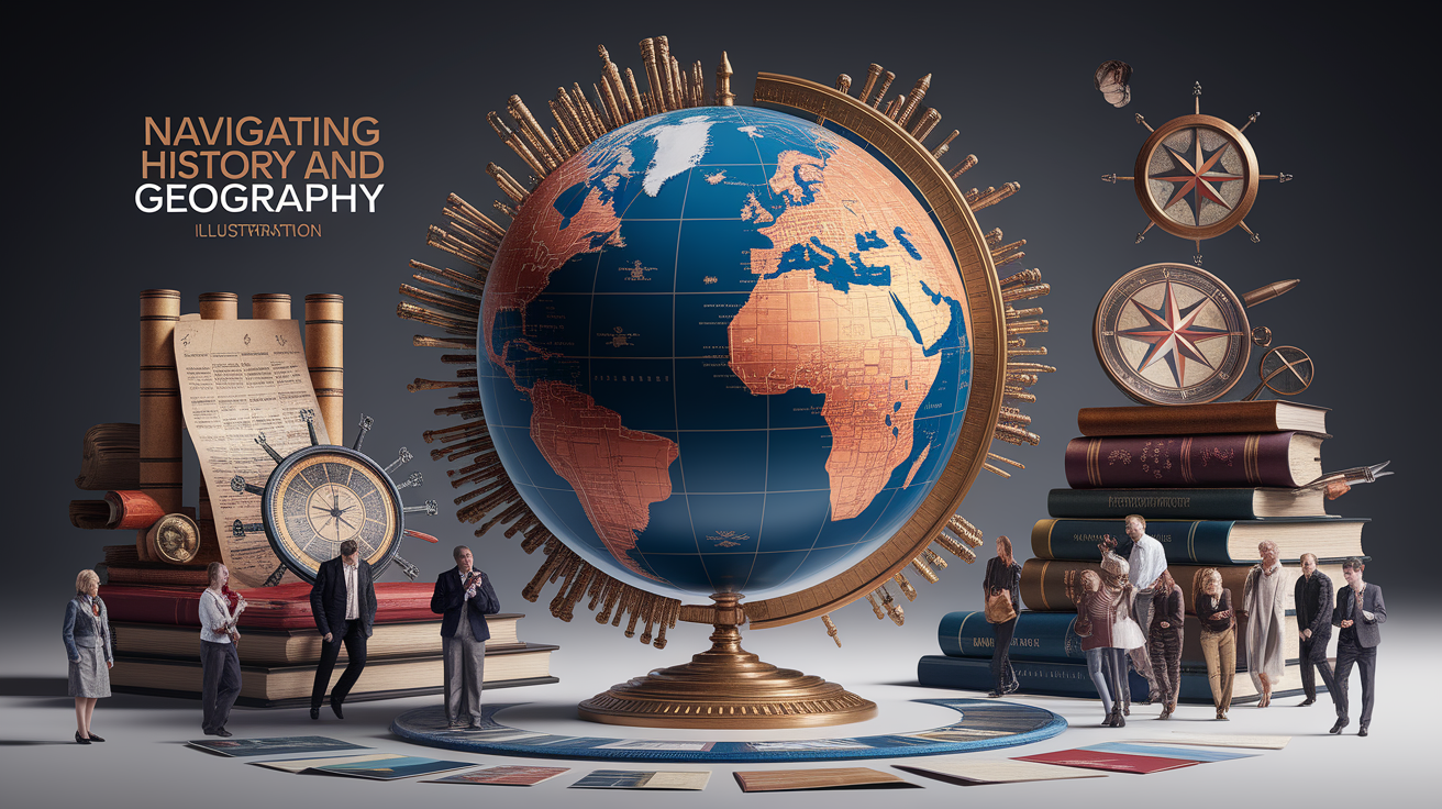 A conceptual illustration representing Navigating History and Geography. Visualize the main ideas: . Creative but clear representation of the concept. Style: photorealistic. high quality, detailed, professional, clean composition, good lighting, sharp focus, well-composed. high quality, professional, detailed, well-composed