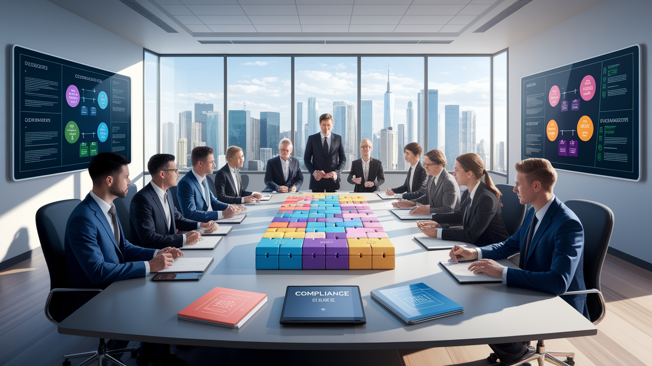 A conceptual illustration representing Compliance Steps for Businesses. Visualize the main ideas: . Creative but clear representation of the concept. Style: photorealistic. high quality, detailed, professional, clean composition, good lighting, sharp focus, well-composed. high quality, professional, detailed, well-composed