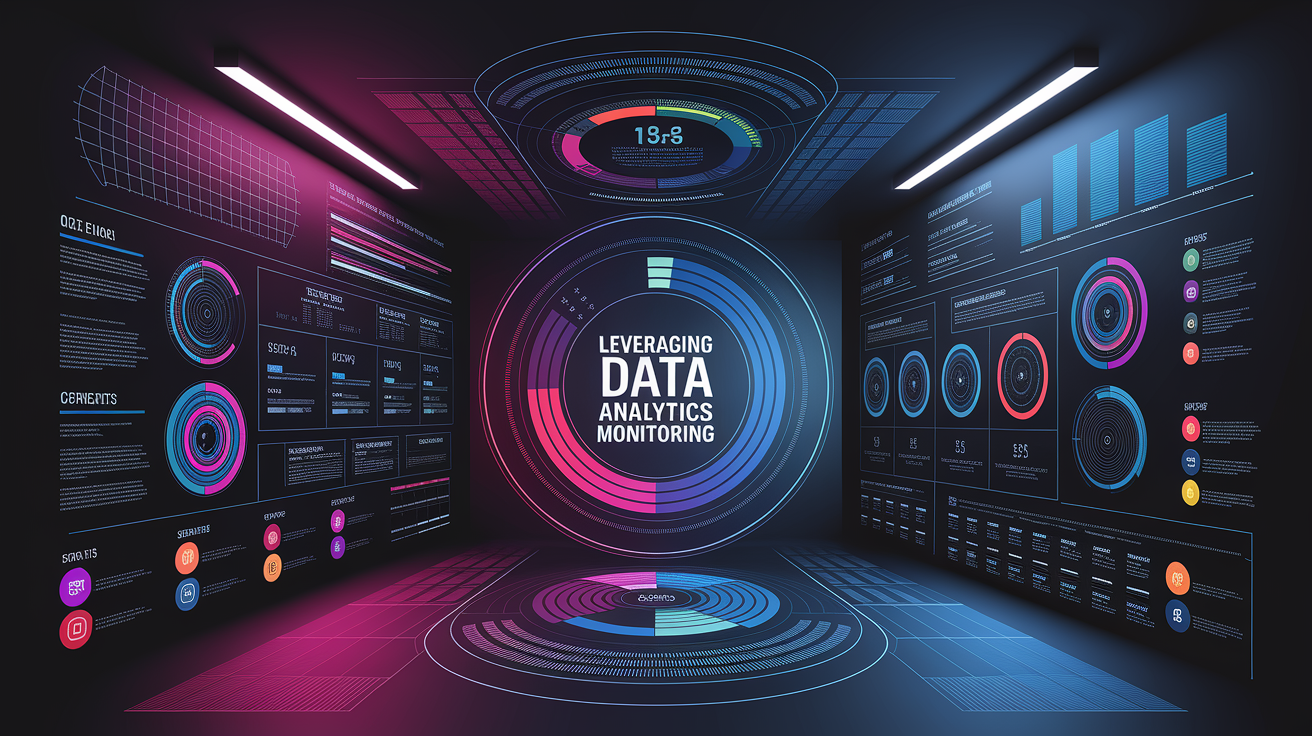 A clean, professional data visualization or infographic related to Leveraging Data Analytics and Monitoring. Include elements like charts, graphs, or statistical representations. Focus on . Style: Visual Theme: Clean, modern aesthetic with high contrast and vibrant energy. Emphasize the intersect. high quality, detailed, professional, clean composition, good lighting, sharp focus, well-composed. high quality, professional, detailed, well-composed