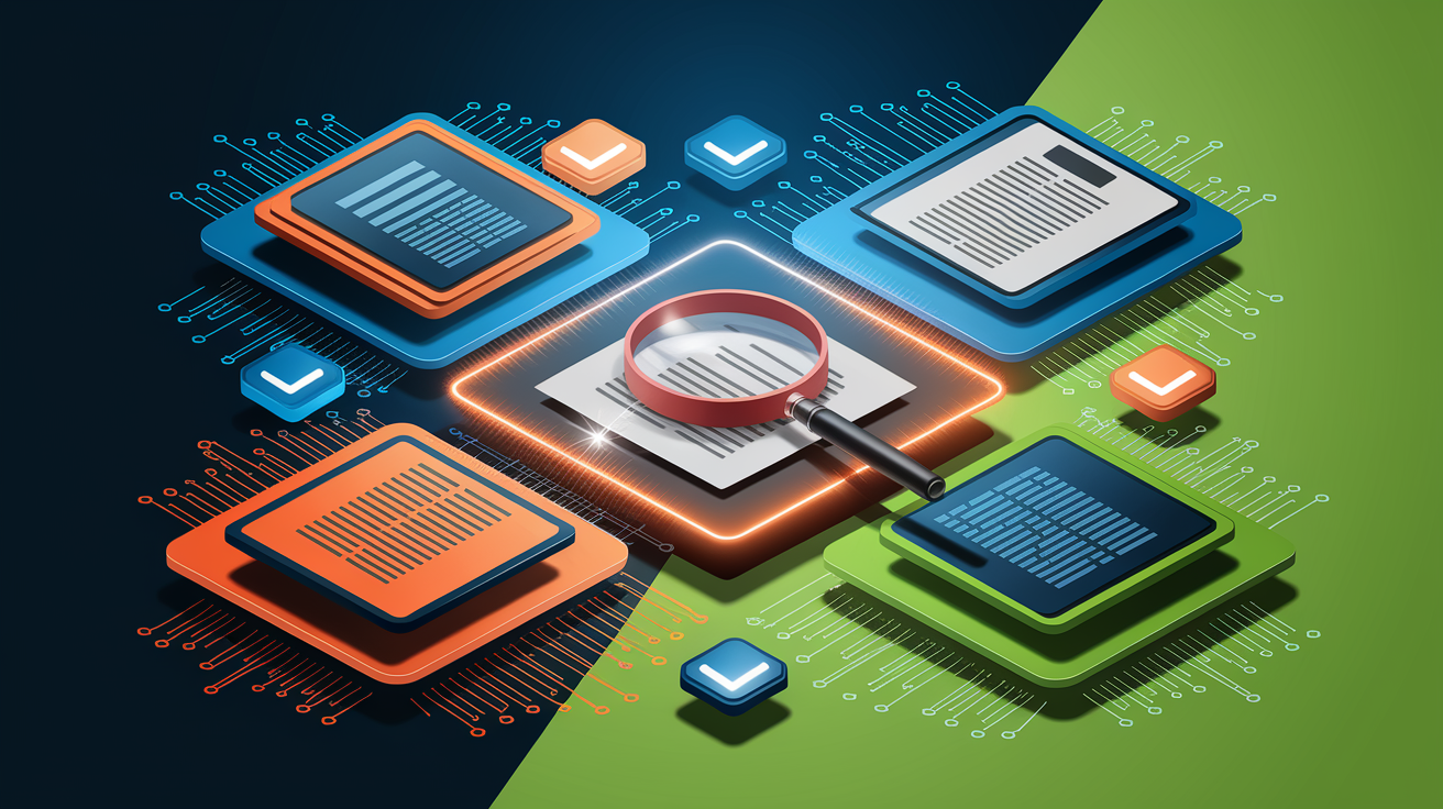 A conceptual illustration representing Document and Contract Validation. Visualize the main ideas: . Creative but clear representation of the concept. Style: Visual Theme: Clean, modern aesthetic with high contrast and vibrant energy. Emphasize the intersect. high quality, detailed, professional, clean composition, good lighting, sharp focus, well-composed. high quality, professional, detailed, well-composed