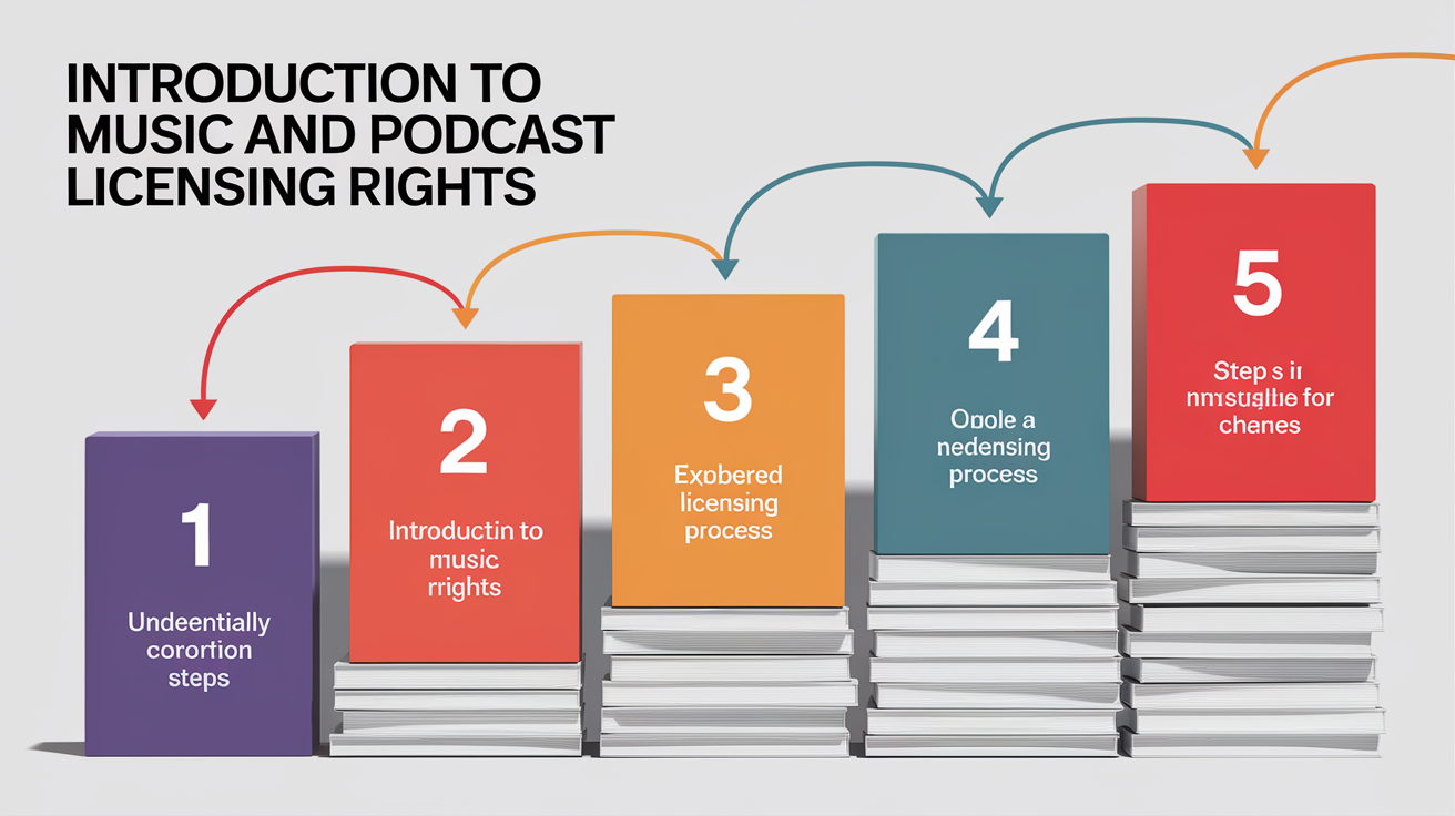 A clear, step-by-step visual illustration showing Introduction to music-and-podcast-licensing-rights-guide. Focus on . Include visual elements like arrows, numbered steps, or sequential flow. Professional and instructional style. Style: photorealistic. high quality, detailed, professional, clean composition, good lighting, sharp focus, well-composed. high quality, professional, detailed, well-composed