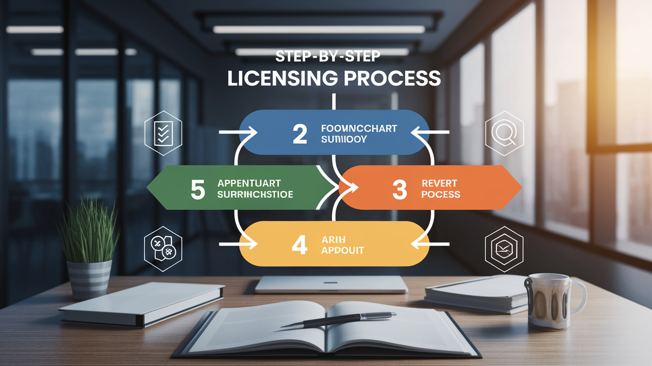 A clear, step-by-step visual illustration showing Step-by-Step Licensing Process. Focus on . Include visual elements like arrows, numbered steps, or sequential flow. Professional and instructional style. Style: photorealistic. high quality, detailed, professional, clean composition, good lighting, sharp focus, well-composed. high quality, professional, detailed, well-composed