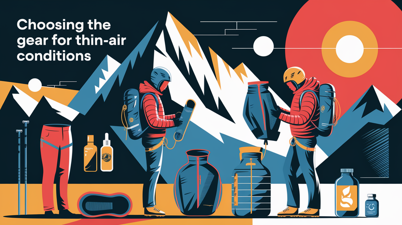 A conceptual illustration representing Choosing the Right Gear for Thin-Air Conditions. Visualize the main ideas: . Creative but clear representation of the concept. Style: Visual Theme: Clean, modern aesthetic with high contrast and vibrant energy. Emphasize the intersect. high quality, detailed, professional, clean composition, good lighting, sharp focus, well-composed. high quality, professional, detailed, well-composed