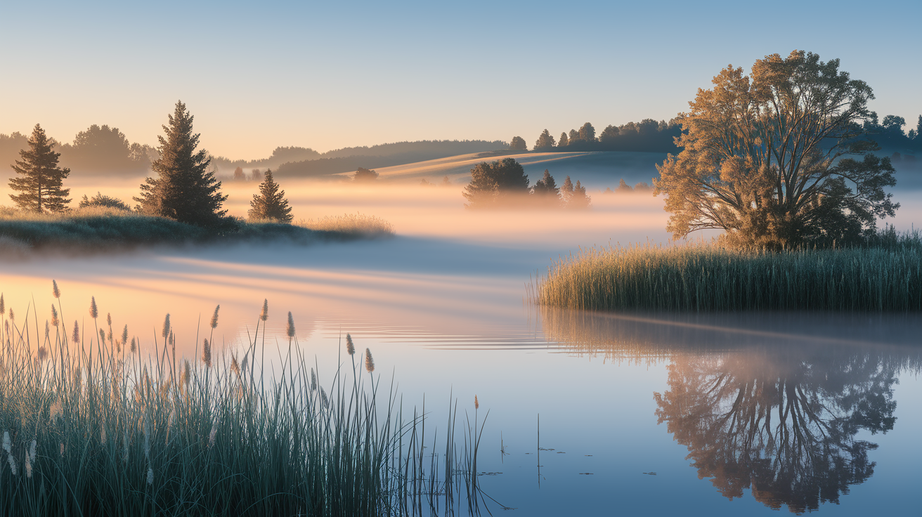 A conceptual illustration representing Morning Mysteries: The Quick Answer to How Fog Forms. Visualize the main ideas: . Creative but clear representation of the concept. Style: photorealistic. high quality, detailed, professional, clean composition, good lighting, sharp focus, well-composed. high quality, professional, detailed, well-composed