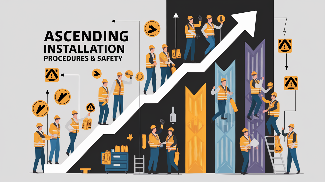 A conceptual illustration representing Ascending Installation â Procedures & Safety. Visualize the main ideas: . Creative but clear representation of the concept. Style: Visual Theme: Clean, modern aesthetic with high contrast and vibrant energy. Emphasize the intersect. high quality, detailed, professional, clean composition, good lighting, sharp focus, well-composed. high quality, professional, detailed, well-composed