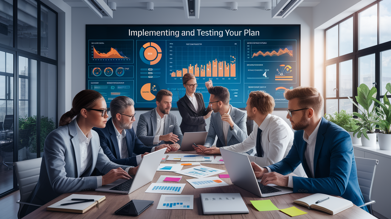A conceptual illustration representing Implementing and Testing Your Plan. Visualize the main ideas: . Creative but clear representation of the concept. Style: photorealistic. high quality, detailed, professional, clean composition, good lighting, sharp focus, well-composed. high quality, professional, detailed, well-composed