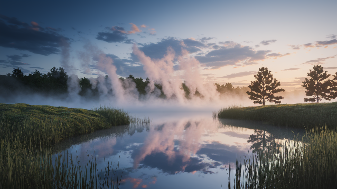 A conceptual illustration representing Essential Conditions for Fog Formation. Visualize the main ideas: . Creative but clear representation of the concept. Style: photorealistic. high quality, detailed, professional, clean composition, good lighting, sharp focus, well-composed. high quality, professional, detailed, well-composed