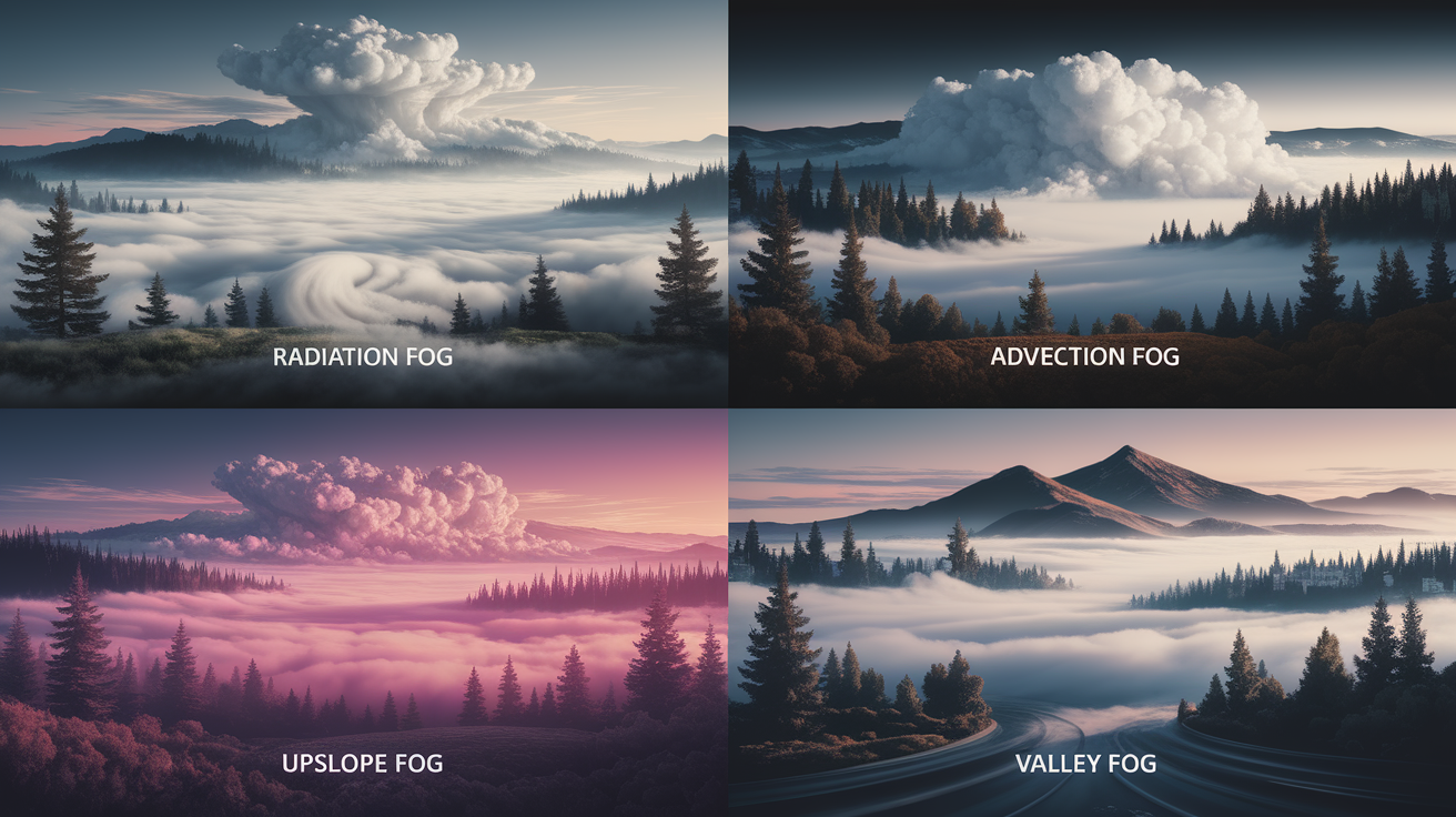 A conceptual illustration representing Main Types of Fog Explained. Visualize the main ideas: . Creative but clear representation of the concept. Style: photorealistic. high quality, detailed, professional, clean composition, good lighting, sharp focus, well-composed. high quality, professional, detailed, well-composed
