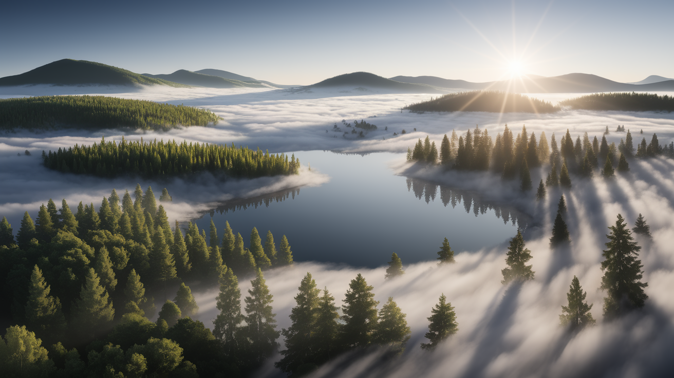 A conceptual illustration representing Environmental Influences on Fog Formation. Visualize the main ideas: . Creative but clear representation of the concept. Style: photorealistic. high quality, detailed, professional, clean composition, good lighting, sharp focus, well-composed. high quality, professional, detailed, well-composed