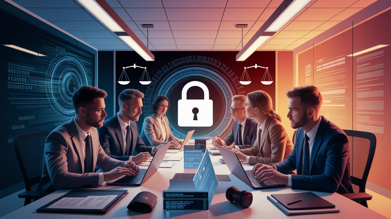 A conceptual illustration representing Understanding Legal Obligations in a Cyber Incident. Visualize the main ideas: . Creative but clear representation of the concept. Style: photorealistic. high quality, detailed, professional, clean composition, good lighting, sharp focus, well-composed. high quality, professional, detailed, well-composed