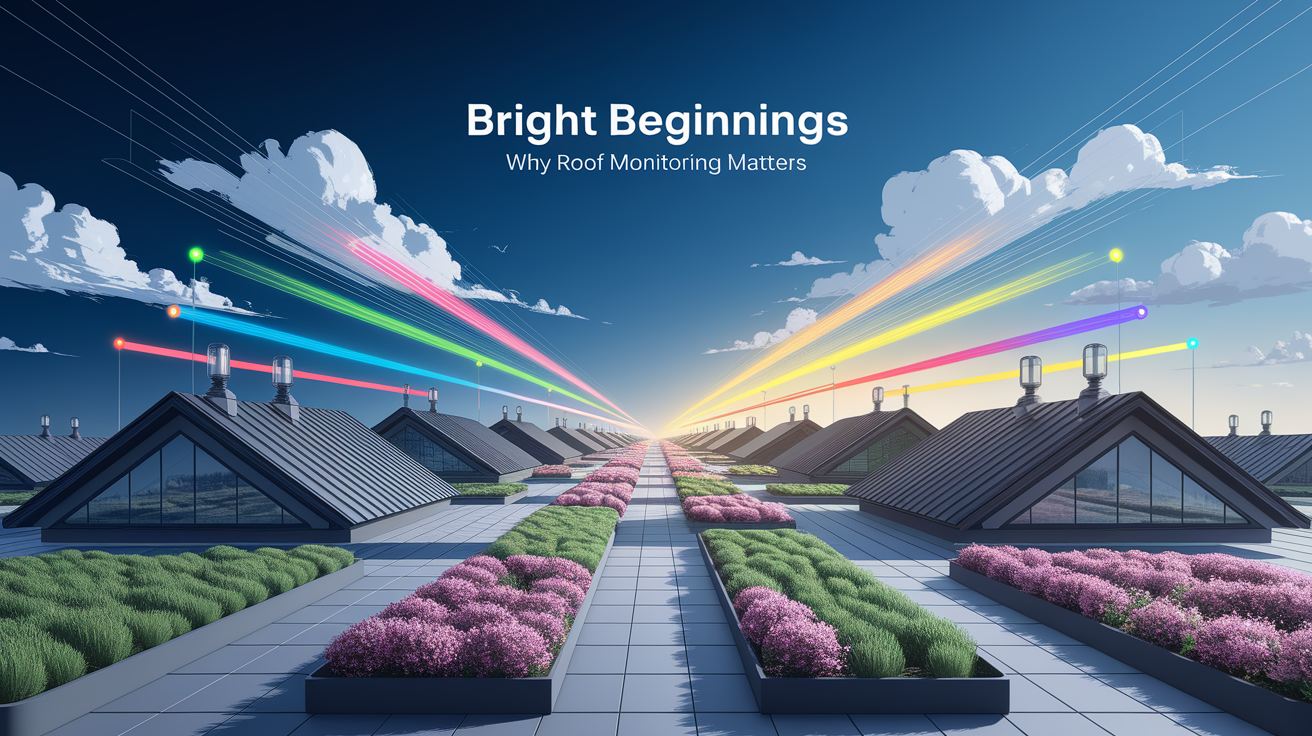 A conceptual illustration representing Bright Beginnings – Why Roof Monitoring Matters. Visualize the main ideas: . Creative but clear representation of the concept. Style: Visual Theme: Clean, modern aesthetic with high contrast and vibrant energy. Emphasize the intersect. high quality, detailed, professional, clean composition, good lighting, sharp focus, well-composed. high quality, professional, detailed, well-composed
