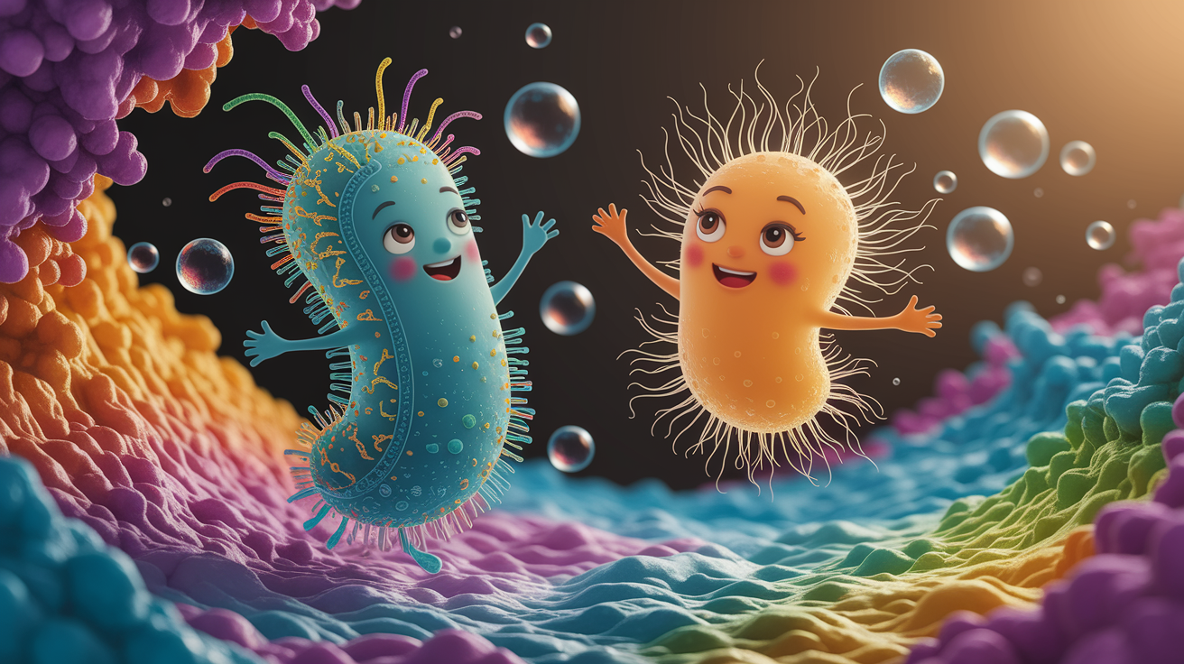 A conceptual illustration representing The Microbial Duo at Play. Visualize the main ideas: . Creative but clear representation of the concept. Style: photorealistic. high quality, detailed, professional, clean composition, good lighting, sharp focus, well-composed. high quality, professional, detailed, well-composed