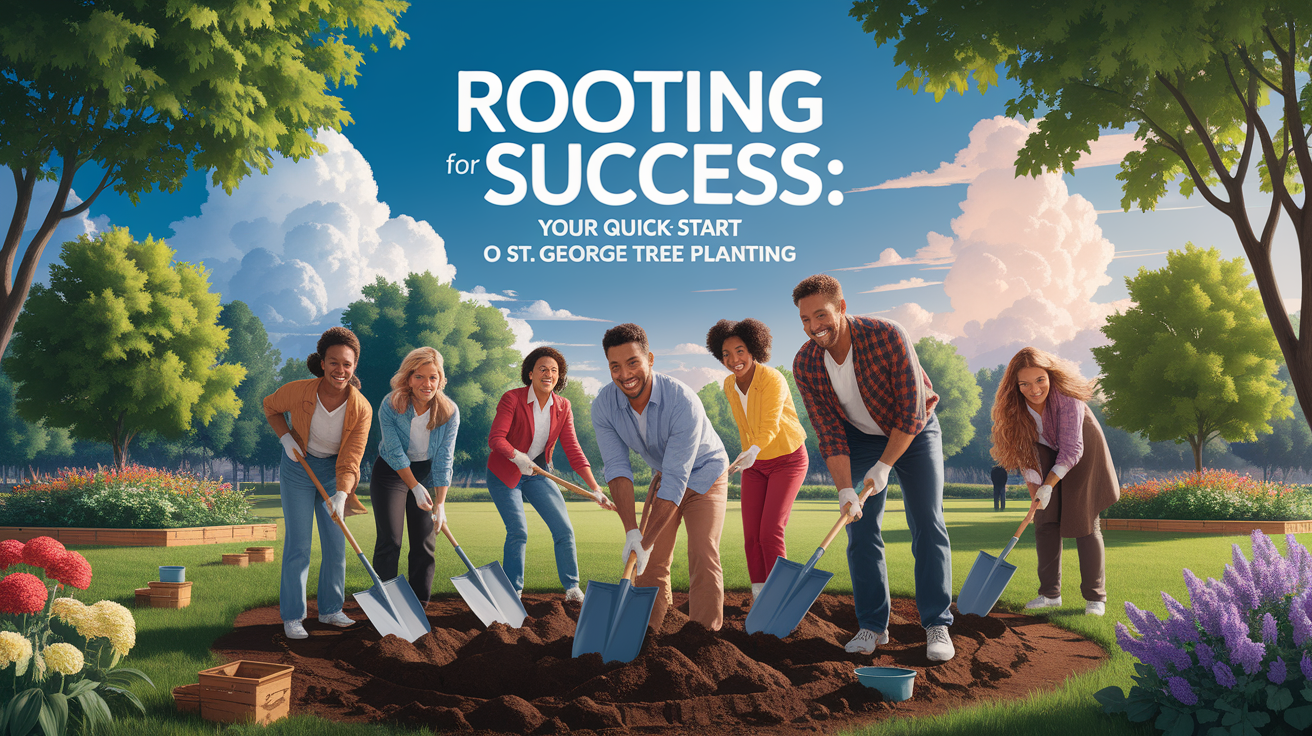 A conceptual illustration representing Rooting for Success: Your Quick-Start on St. George Tree Planting. Visualize the main ideas: . Creative but clear representation of the concept. Style: photorealistic. high quality, detailed, professional, clean composition, good lighting, sharp focus, well-composed. high quality, professional, detailed, well-composed