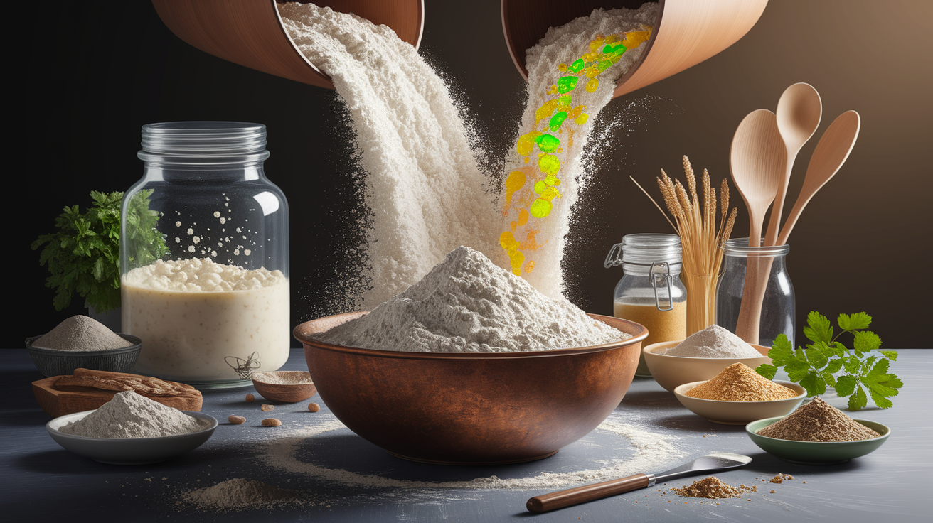 A conceptual illustration representing Turning Flour into Food â€“ Enzymes and Fermentation. Visualize the main ideas: . Creative but clear representation of the concept. Style: photorealistic. high quality, detailed, professional, clean composition, good lighting, sharp focus, well-composed. high quality, professional, detailed, well-composed