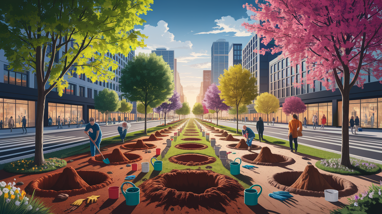 A conceptual illustration representing St. George Urban Tree Planting Basics. Visualize the main ideas: . Creative but clear representation of the concept. Style: photorealistic. high quality, detailed, professional, clean composition, good lighting, sharp focus, well-composed. high quality, professional, detailed, well-composed