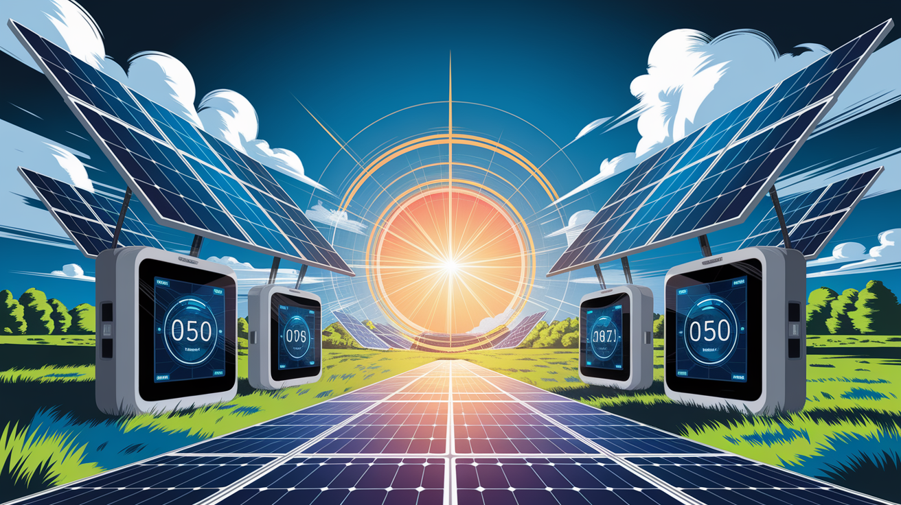 A conceptual illustration representing Integrating Monitoring Devices with Solar Systems. Visualize the main ideas: . Creative but clear representation of the concept. Style: Visual Theme: Clean, modern aesthetic with high contrast and vibrant energy. Emphasize the intersect. high quality, detailed, professional, clean composition, good lighting, sharp focus, well-composed. high quality, professional, detailed, well-composed