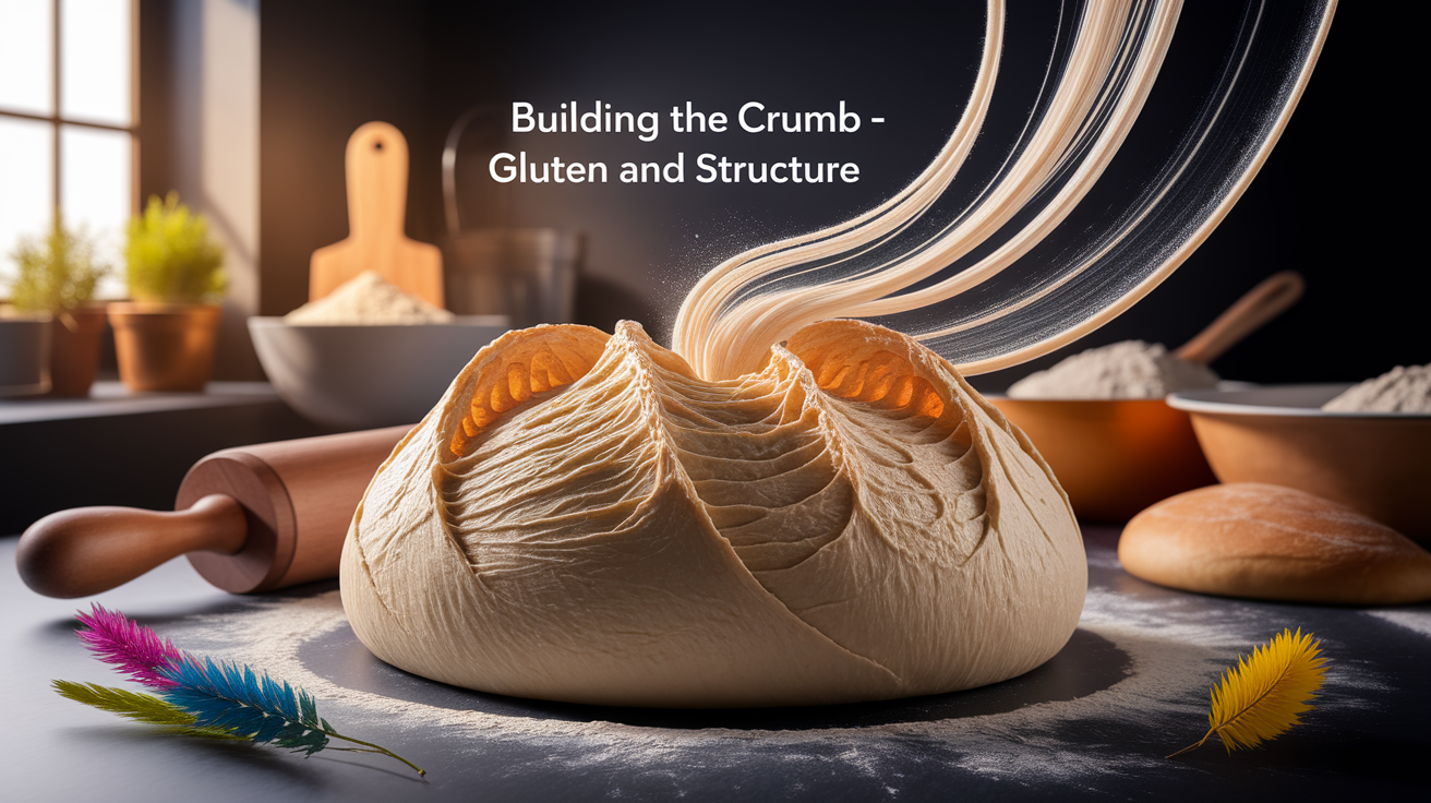 A conceptual illustration representing Building the Crumb â€“ Gluten and Structure. Visualize the main ideas: . Creative but clear representation of the concept. Style: photorealistic. high quality, detailed, professional, clean composition, good lighting, sharp focus, well-composed. high quality, professional, detailed, well-composed
