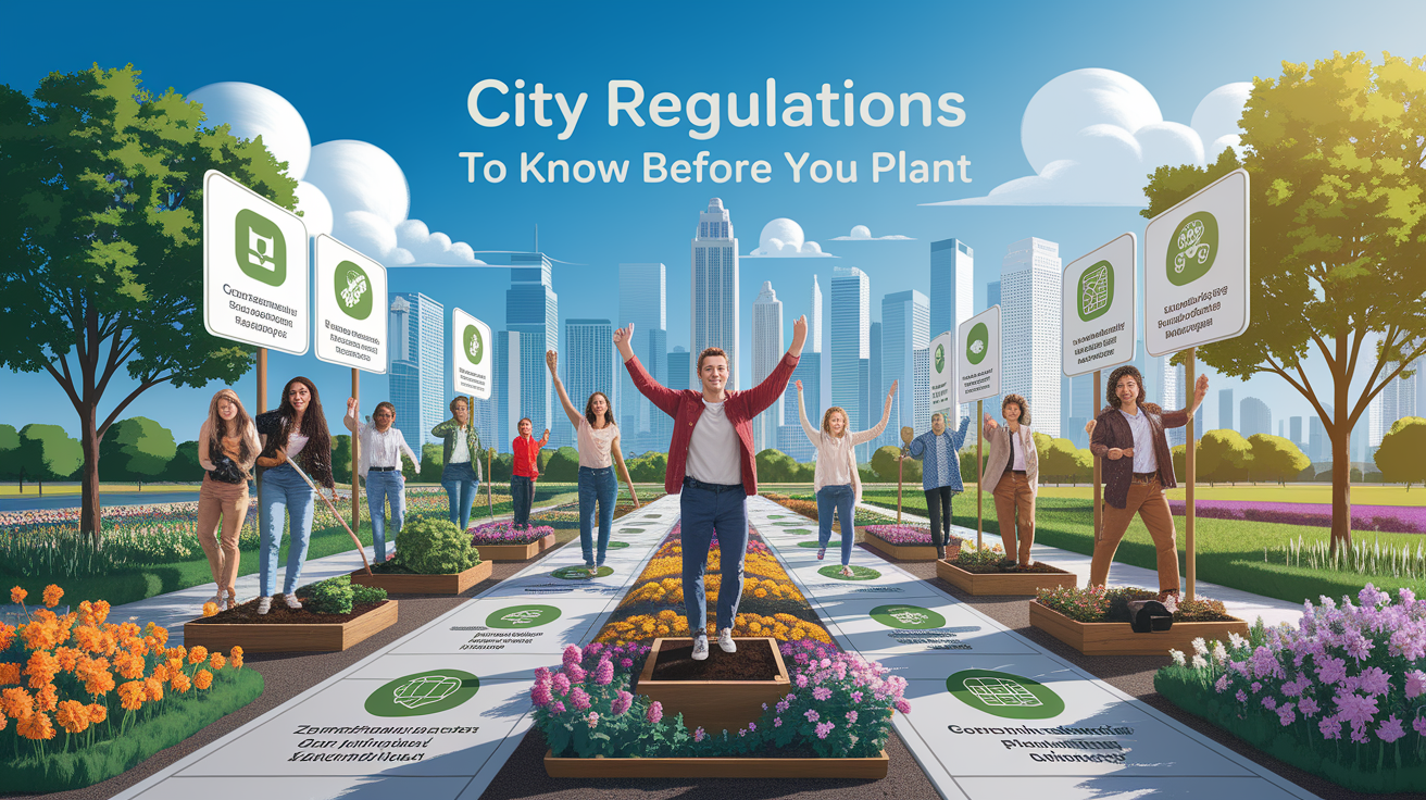 A conceptual illustration representing City Regulations to Know Before You Plant. Visualize the main ideas: . Creative but clear representation of the concept. Style: photorealistic. high quality, detailed, professional, clean composition, good lighting, sharp focus, well-composed. high quality, professional, detailed, well-composed