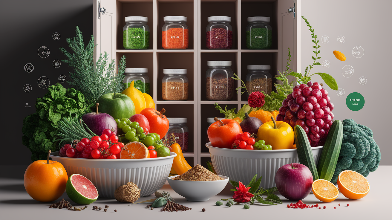 A conceptual illustration representing Flavor, Shelf Life, and Health Perks. Visualize the main ideas: . Creative but clear representation of the concept. Style: photorealistic. high quality, detailed, professional, clean composition, good lighting, sharp focus, well-composed. high quality, professional, detailed, well-composed