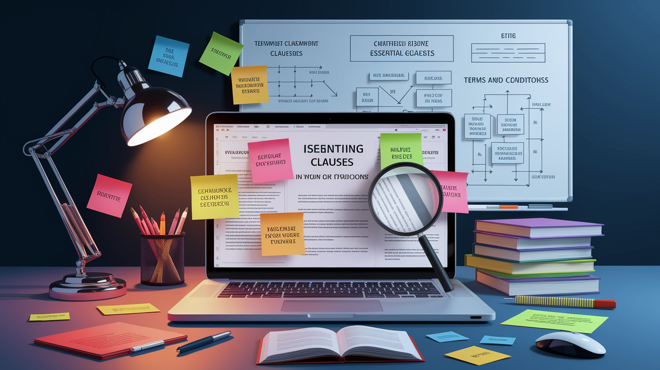A conceptual illustration representing Identifying Essential Clauses in Your Terms and Conditions. Visualize the main ideas: . Creative but clear representation of the concept. Style: photorealistic. high quality, detailed, professional, clean composition, good lighting, sharp focus, well-composed. high quality, professional, detailed, well-composed