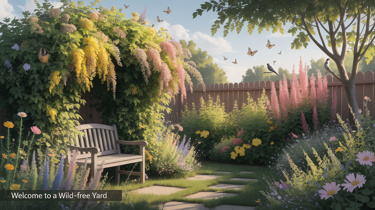 A conceptual illustration representing Welcome to a Wild-Free Yard. Visualize the main ideas: . Creative but clear representation of the concept. Style: photorealistic. high quality, detailed, professional, clean composition, good lighting, sharp focus, well-composed. high quality, professional, detailed, well-composed