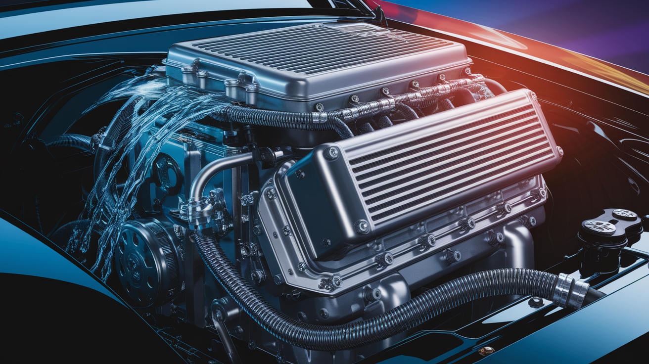 A conceptual illustration representing Inside the Engine’s Cooling Circuit. Visualize the main ideas: . Creative but clear representation of the concept. Style: photorealistic. high quality, detailed, professional, clean composition, good lighting, sharp focus, well-composed. high quality, professional, detailed, well-composed