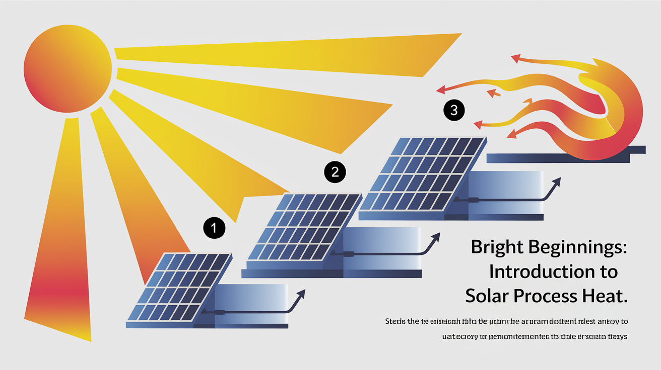 A clear, step-by-step visual illustration showing Bright Beginnings: Introduction to Solar Process Heat. Focus on . Include visual elements like arrows, numbered steps, or sequential flow. Professional and instructional style. Style: Visual Theme: Clean, modern aesthetic with high contrast and vibrant energy. Emphasize the intersect. high quality, detailed, professional, clean composition, good lighting, sharp focus, well-composed. high quality, professional, detailed, well-composed