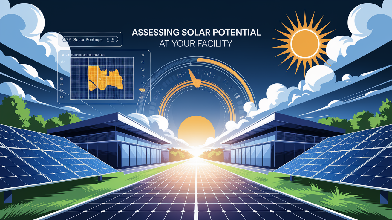 A conceptual illustration representing Assessing Solar Potential at Your Facility. Visualize the main ideas: . Creative but clear representation of the concept. Style: Visual Theme: Clean, modern aesthetic with high contrast and vibrant energy. Emphasize the intersect. high quality, detailed, professional, clean composition, good lighting, sharp focus, well-composed. high quality, professional, detailed, well-composed