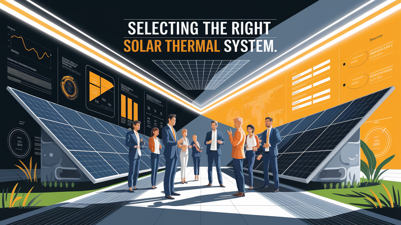 A conceptual illustration representing Selecting the Right Solar Thermal System. Visualize the main ideas: . Creative but clear representation of the concept. Style: Visual Theme: Clean, modern aesthetic with high contrast and vibrant energy. Emphasize the intersect. high quality, detailed, professional, clean composition, good lighting, sharp focus, well-composed. high quality, professional, detailed, well-composed