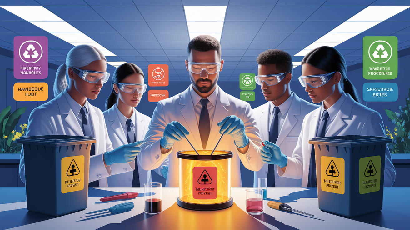 A conceptual illustration representing Handling Hot Topics: Safety and Disposal. Visualize the main ideas: . Creative but clear representation of the concept. Style: photorealistic. high quality, detailed, professional, clean composition, good lighting, sharp focus, well-composed. high quality, professional, detailed, well-composed