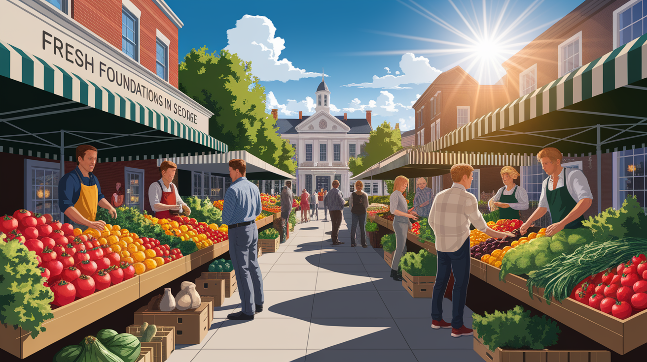 A conceptual illustration representing Fresh Foundations: Local Sourcing in St. George. Visualize the main ideas: . Creative but clear representation of the concept. Style: photorealistic. high quality, detailed, professional, clean composition, good lighting, sharp focus, well-composed. high quality, professional, detailed, well-composed