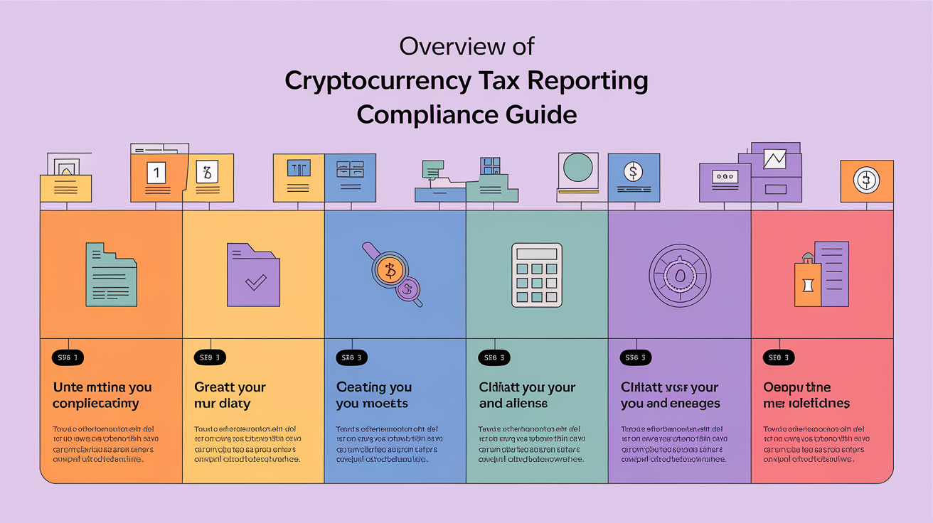 A clear, step-by-step visual illustration showing Overview of cryptocurrency-tax-reporting-compliance-guide. Focus on . Include visual elements like arrows, numbered steps, or sequential flow. Professional and instructional style. Style: photorealistic. high quality, detailed, professional, clean composition, good lighting, sharp focus, well-composed. high quality, professional, detailed, well-composed