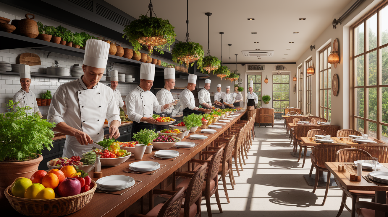 A conceptual illustration representing Restaurants Leading the Local Sourcing Movement. Visualize the main ideas: . Creative but clear representation of the concept. Style: photorealistic. high quality, detailed, professional, clean composition, good lighting, sharp focus, well-composed. high quality, professional, detailed, well-composed