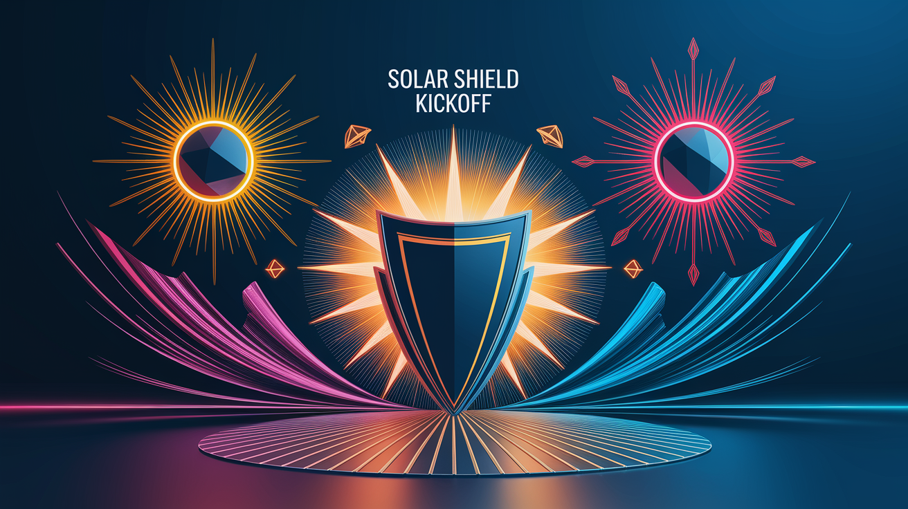 A conceptual illustration representing Solar Shield Kickoff. Visualize the main ideas: . Creative but clear representation of the concept. Style: Visual Theme: Clean, modern aesthetic with high contrast and vibrant energy. Emphasize the intersect. high quality, detailed, professional, clean composition, good lighting, sharp focus, well-composed. high quality, professional, detailed, well-composed