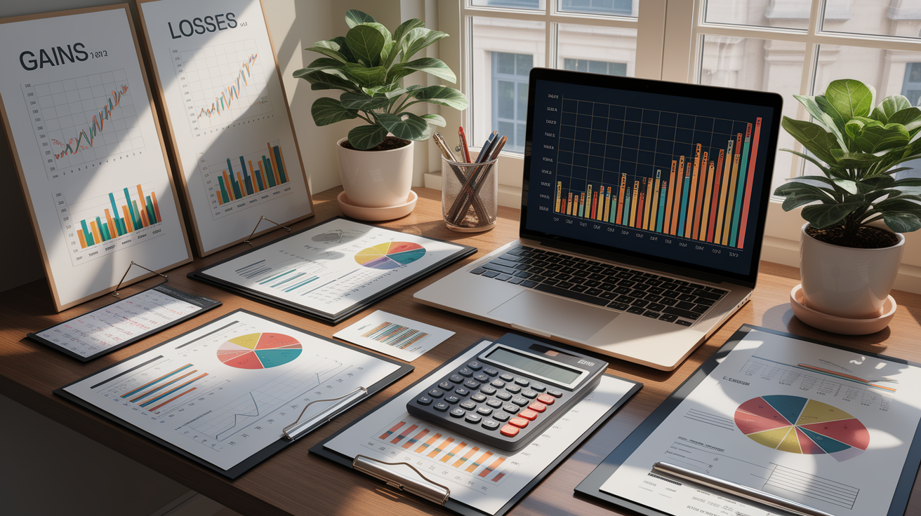 A conceptual illustration representing Calculating gains, losses, and income. Visualize the main ideas: . Creative but clear representation of the concept. Style: photorealistic. high quality, detailed, professional, clean composition, good lighting, sharp focus, well-composed. high quality, professional, detailed, well-composed
