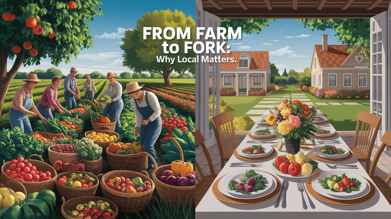 A conceptual illustration representing From Farm to Fork: Why Local Matters. Visualize the main ideas: . Creative but clear representation of the concept. Style: photorealistic. high quality, detailed, professional, clean composition, good lighting, sharp focus, well-composed. high quality, professional, detailed, well-composed