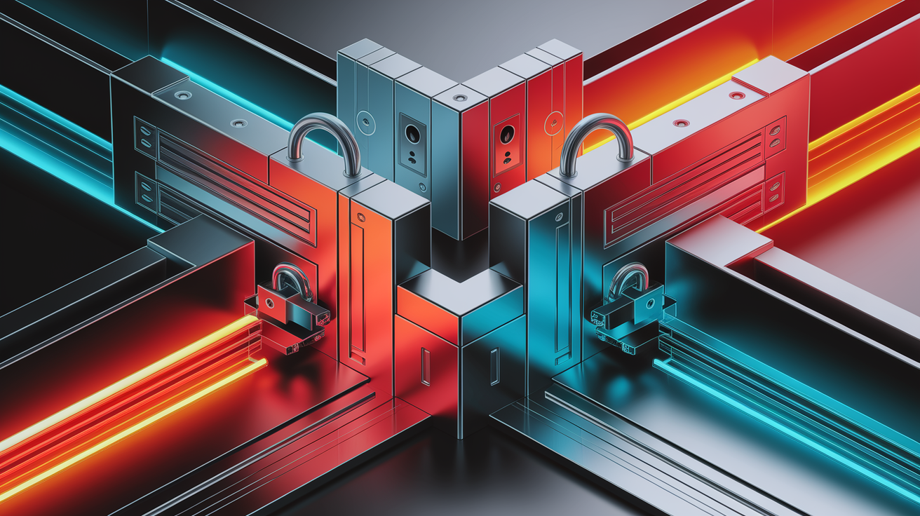 A conceptual illustration representing Physical Fortifications: Sturdy Barriers and Locking Mechanisms. Visualize the main ideas: . Creative but clear representation of the concept. Style: Visual Theme: Clean, modern aesthetic with high contrast and vibrant energy. Emphasize the intersect. high quality, detailed, professional, clean composition, good lighting, sharp focus, well-composed. high quality, professional, detailed, well-composed