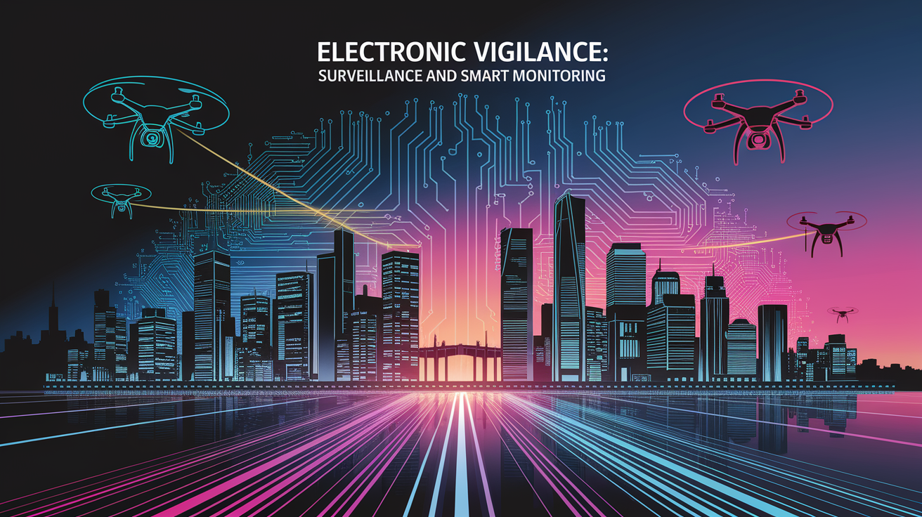 A conceptual illustration representing Electronic Vigilance: Surveillance and Smart Monitoring. Visualize the main ideas: . Creative but clear representation of the concept. Style: Visual Theme: Clean, modern aesthetic with high contrast and vibrant energy. Emphasize the intersect. high quality, detailed, professional, clean composition, good lighting, sharp focus, well-composed. high quality, professional, detailed, well-composed