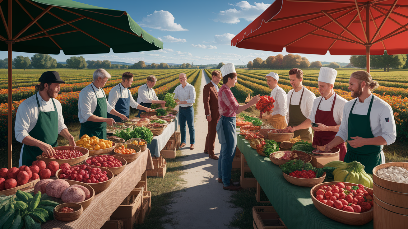 A conceptual illustration representing How St. George Restaurants Can Start Sourcing Locally. Visualize the main ideas: . Creative but clear representation of the concept. Style: photorealistic. high quality, detailed, professional, clean composition, good lighting, sharp focus, well-composed. high quality, professional, detailed, well-composed