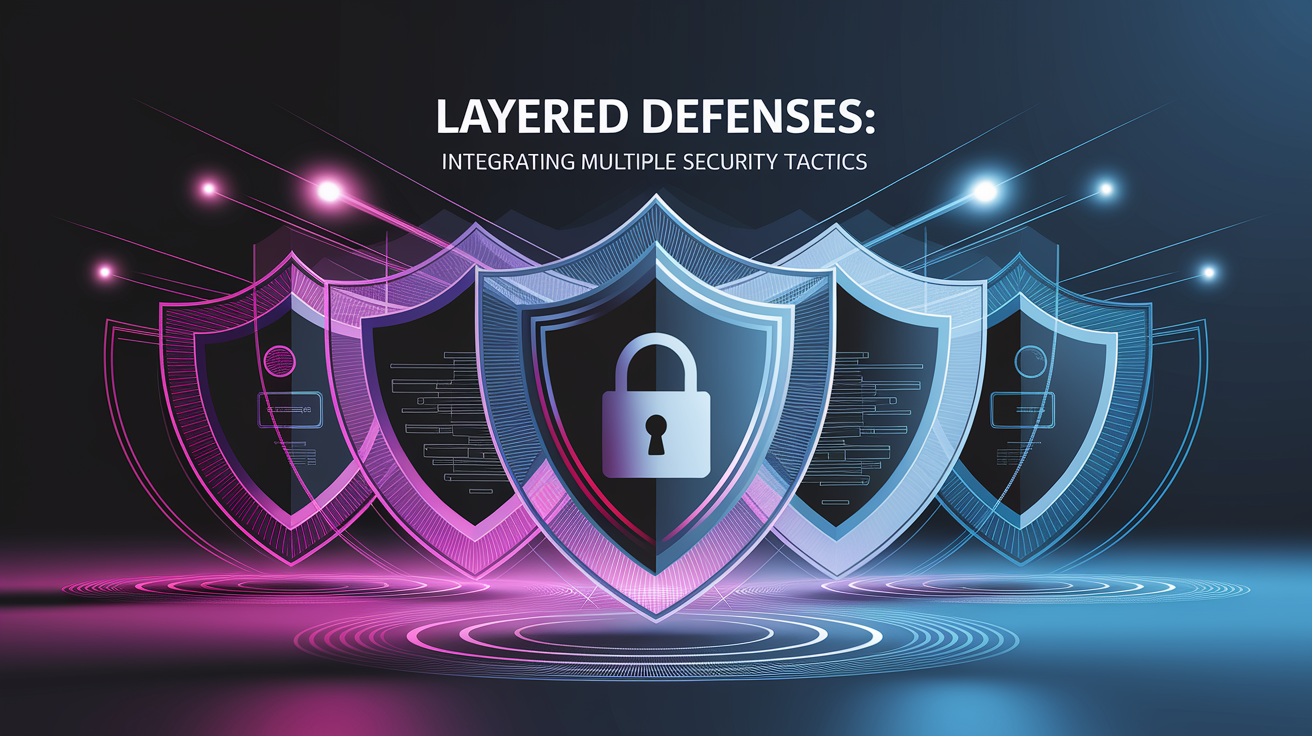 A conceptual illustration representing Layered Defenses: Integrating Multiple Security Tactics. Visualize the main ideas: . Creative but clear representation of the concept. Style: Visual Theme: Clean, modern aesthetic with high contrast and vibrant energy. Emphasize the intersect. high quality, detailed, professional, clean composition, good lighting, sharp focus, well-composed. high quality, professional, detailed, well-composed