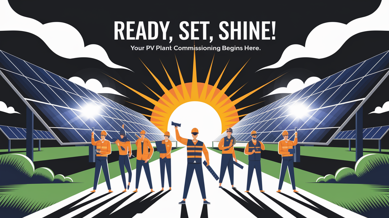 A conceptual illustration representing Ready, Set, Shine! Your PV Plant Commissioning Begins Here. Visualize the main ideas: . Creative but clear representation of the concept. Style: Visual Theme: Clean, modern aesthetic with high contrast and vibrant energy. Emphasize the intersect. high quality, detailed, professional, clean composition, good lighting, sharp focus, well-composed. high quality, professional, detailed, well-composed