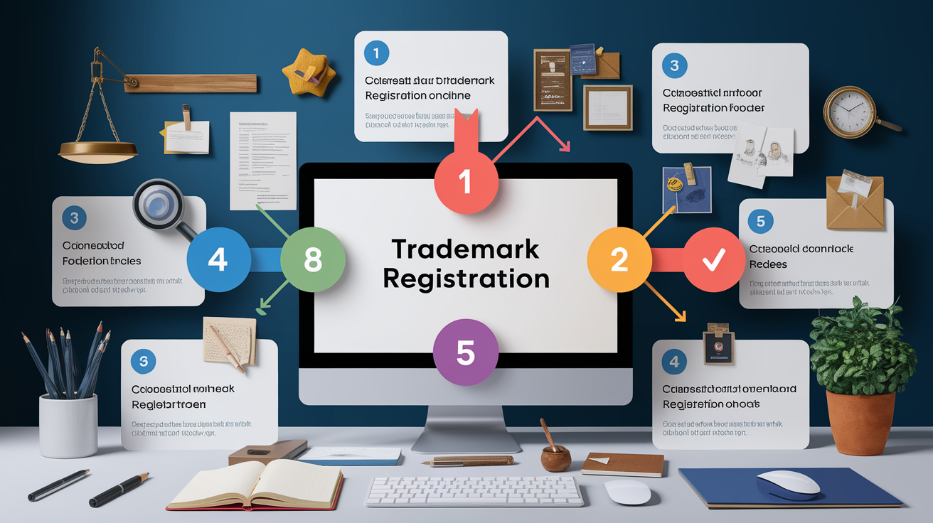 A clear, step-by-step visual illustration showing Understanding trademark-registration-online-step-by-step. Focus on . Include visual elements like arrows, numbered steps, or sequential flow. Professional and instructional style. Style: photorealistic. high quality, detailed, professional, clean composition, good lighting, sharp focus, well-composed. high quality, professional, detailed, well-composed