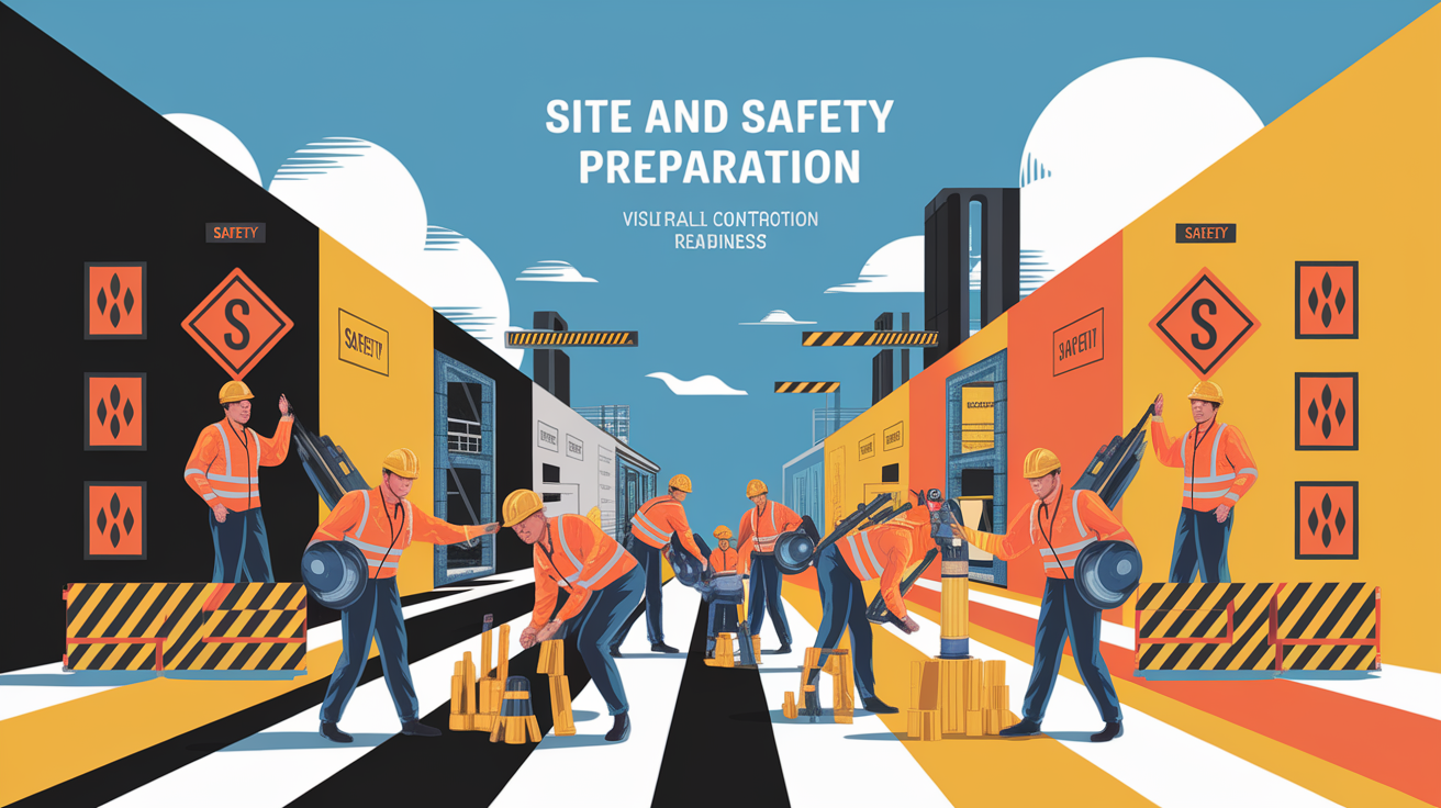 A conceptual illustration representing Site and Safety Preparation. Visualize the main ideas: . Creative but clear representation of the concept. Style: Visual Theme: Clean, modern aesthetic with high contrast and vibrant energy. Emphasize the intersect. high quality, detailed, professional, clean composition, good lighting, sharp focus, well-composed. high quality, professional, detailed, well-composed