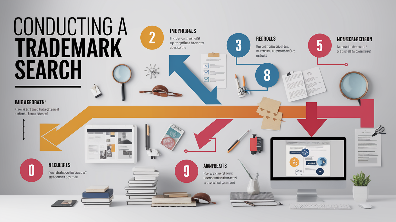 A clear, step-by-step visual illustration showing Conducting a Trademark Search in trademark-registration-online-step-by-step. Focus on . Include visual elements like arrows, numbered steps, or sequential flow. Professional and instructional style. Style: photorealistic. high quality, detailed, professional, clean composition, good lighting, sharp focus, well-composed. high quality, professional, detailed, well-composed