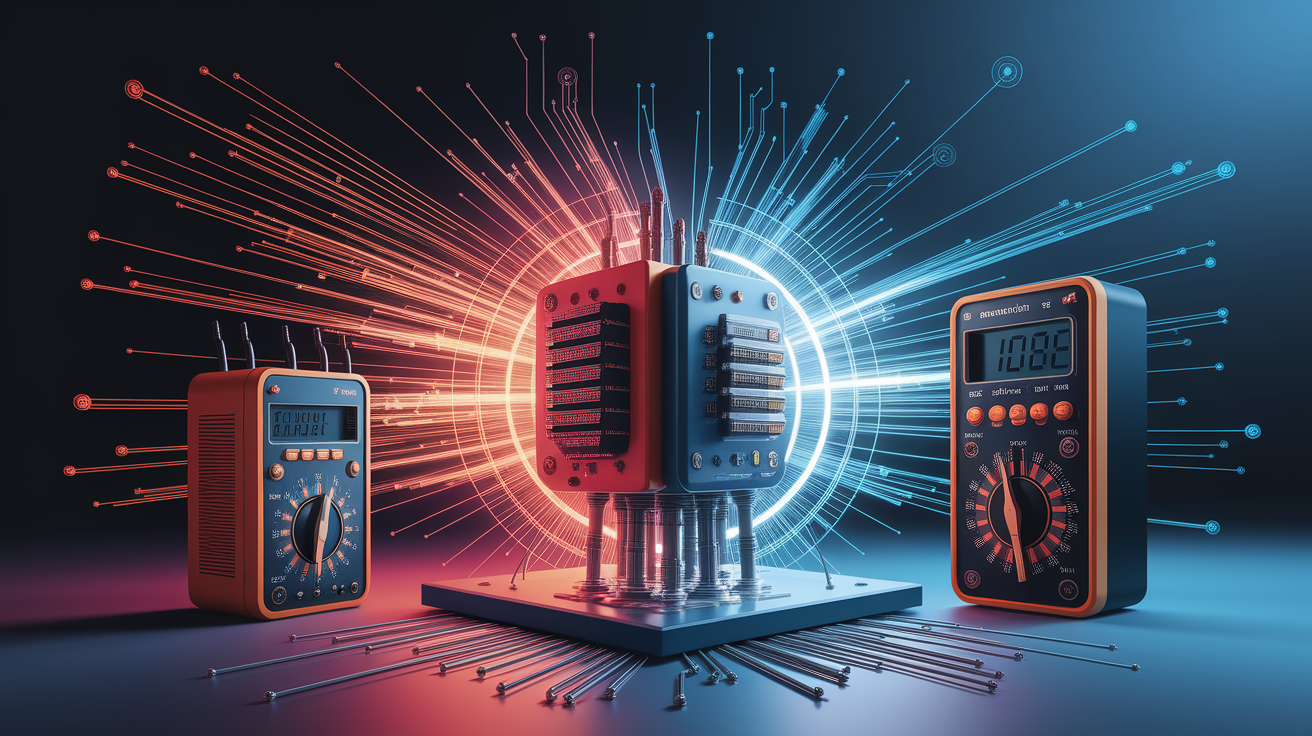 A conceptual illustration representing Electrical Testing and Performance Checks. Visualize the main ideas: . Creative but clear representation of the concept. Style: Visual Theme: Clean, modern aesthetic with high contrast and vibrant energy. Emphasize the intersect. high quality, detailed, professional, clean composition, good lighting, sharp focus, well-composed. high quality, professional, detailed, well-composed