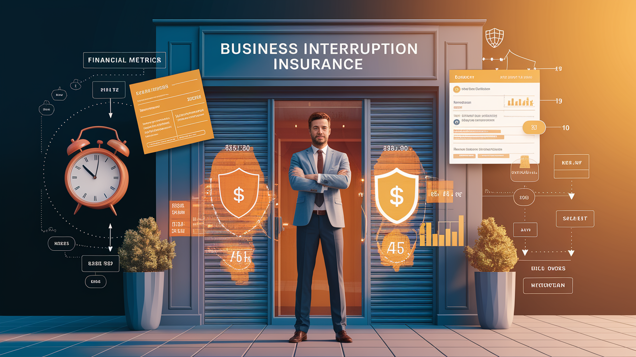 A conceptual illustration representing Understanding Business Interruption Insurance Coverage. Visualize the main ideas: . Creative but clear representation of the concept. Style: photorealistic. high quality, detailed, professional, clean composition, good lighting, sharp focus, well-composed. high quality, professional, detailed, well-composed